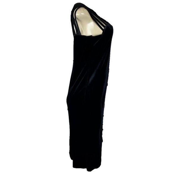 Nicole Miller 10 Black Velvet V-Neck Zip Open Back Cage Detail Straps Midi Dress - Picture 3 of 6